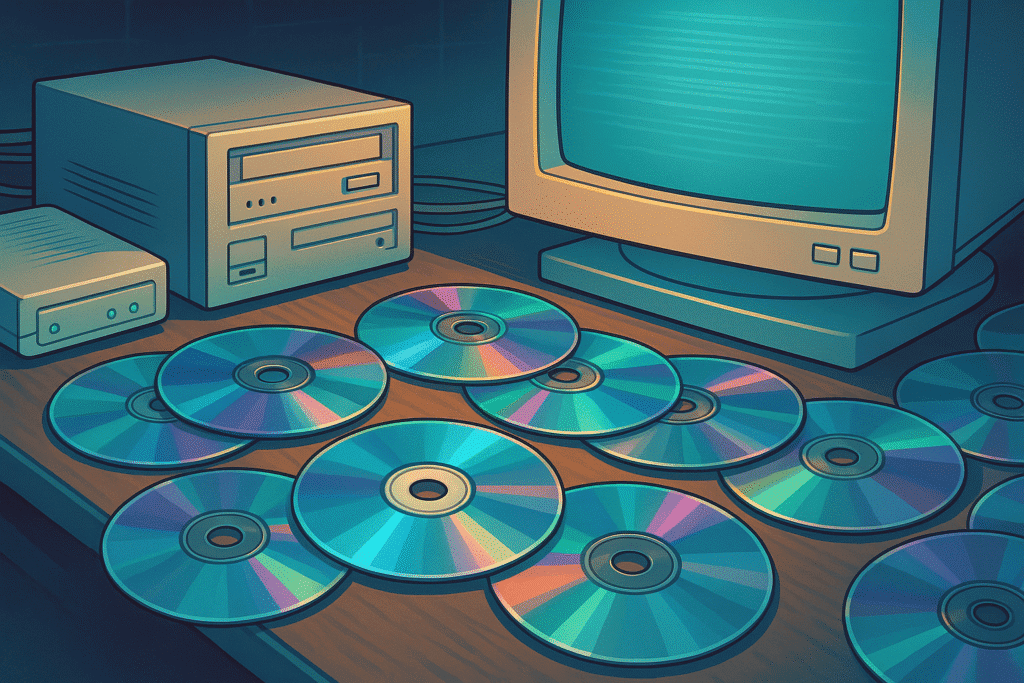 1990s retro computer with CRT monitor and dial-up modem on a desk, surrounded by shiny DVDs, digital illustration in a retro-futuristic style.