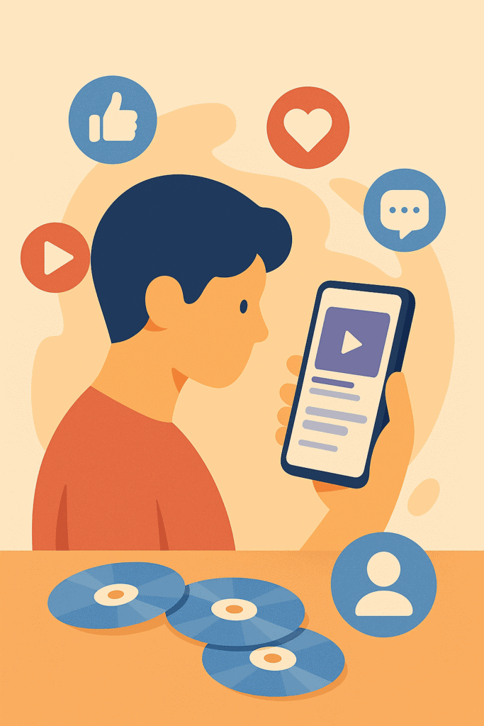 Minimalist flat illustration of a young person holding a smartphone vertically, watching short-form video clips, surrounded by floating social media icons.