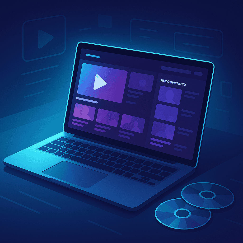 Modern laptop on a desk displaying a streaming video platform with thumbnails and recommendation sidebar, neon cyber glow infographic style.