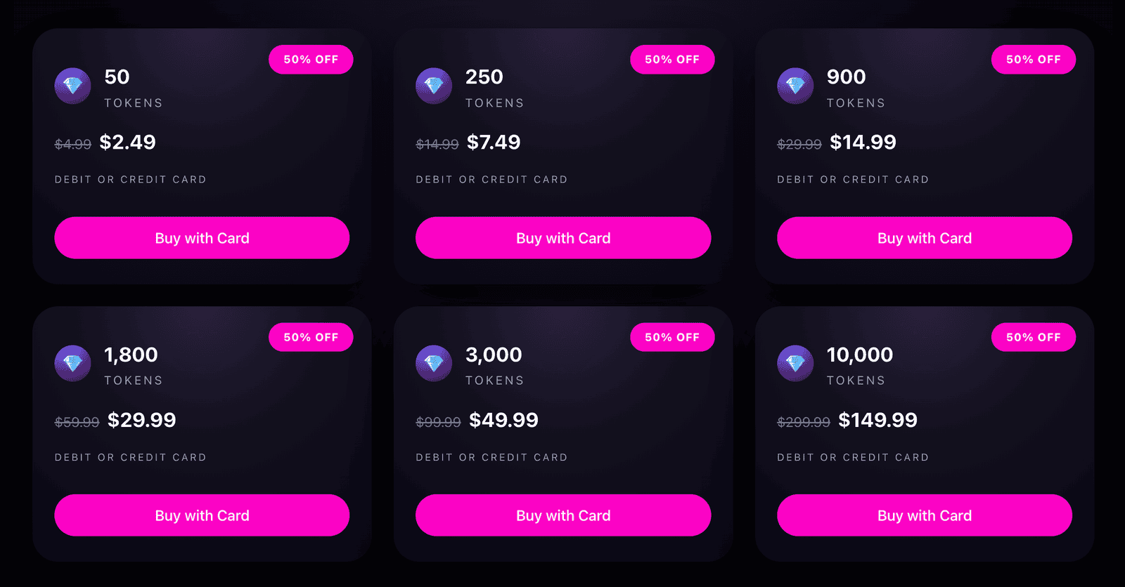 VV Tokens one-time token packs screenshot