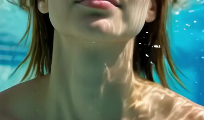 Hot brunette fingering in the pool