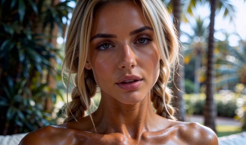 Lana Blonde's Big Facial: AI-Generated Beach Resort Scene