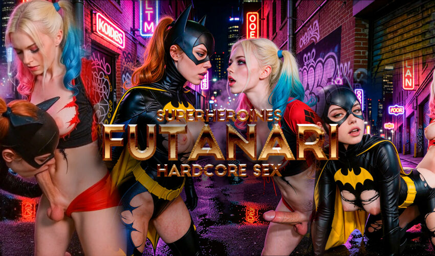 Harley Quinn Futanari Gets Her Big Cock Sucked by Batgirl in a Neon Alley