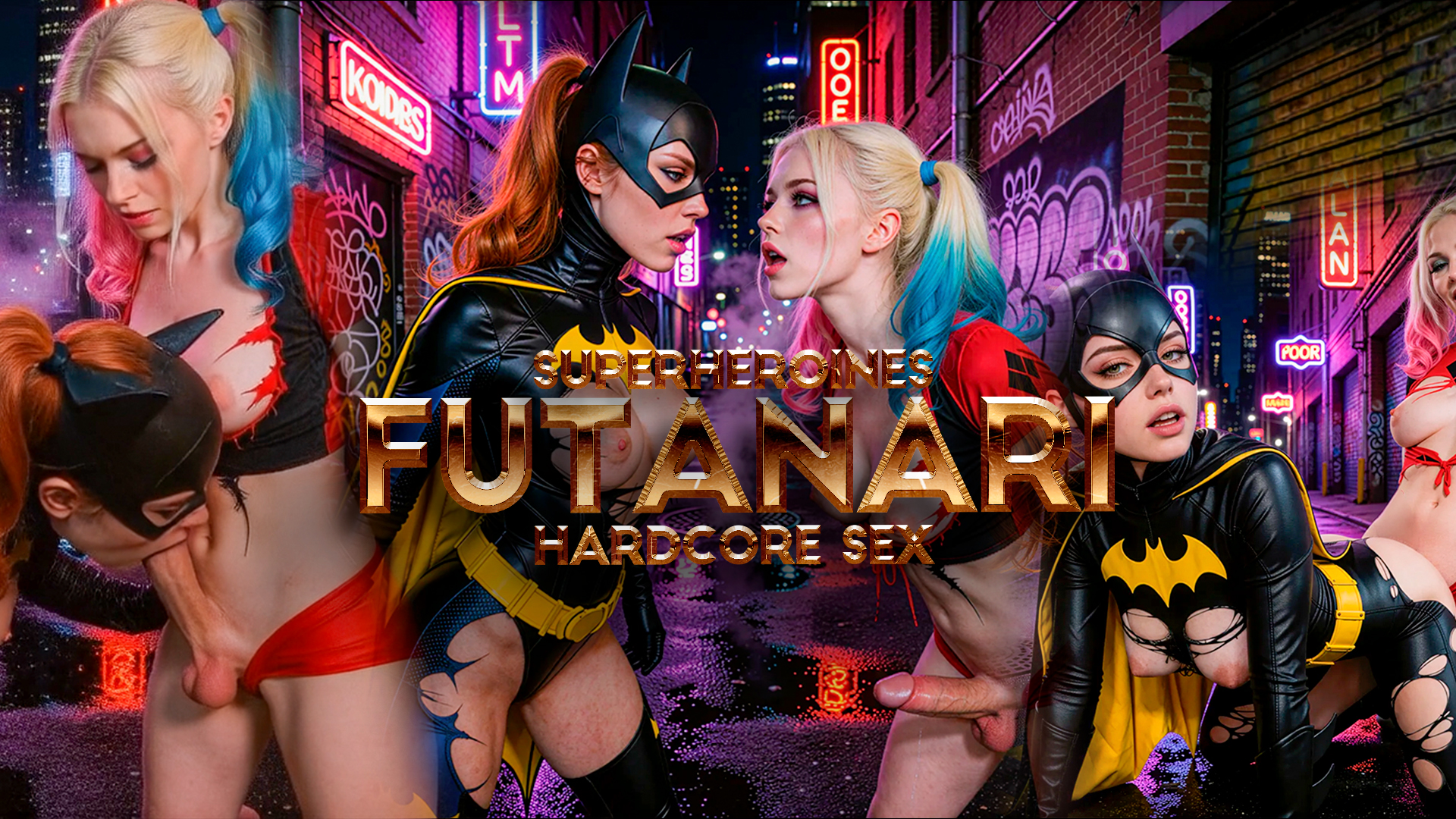Harley Quinn Futanari Gets Her Big Cock Sucked by Batgirl in a Neon Alley